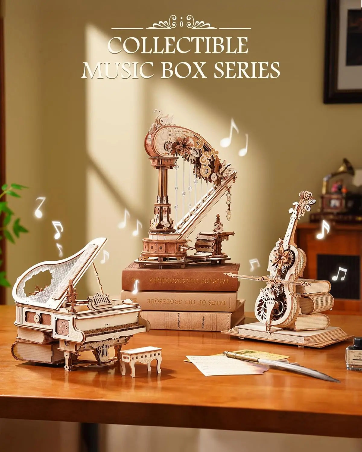 ROKR Magic Harp 3D Wooden Puzzle Music Box Mechanical Art Craft Kits Vintage Musical Wooden Model Kit for Adults Home