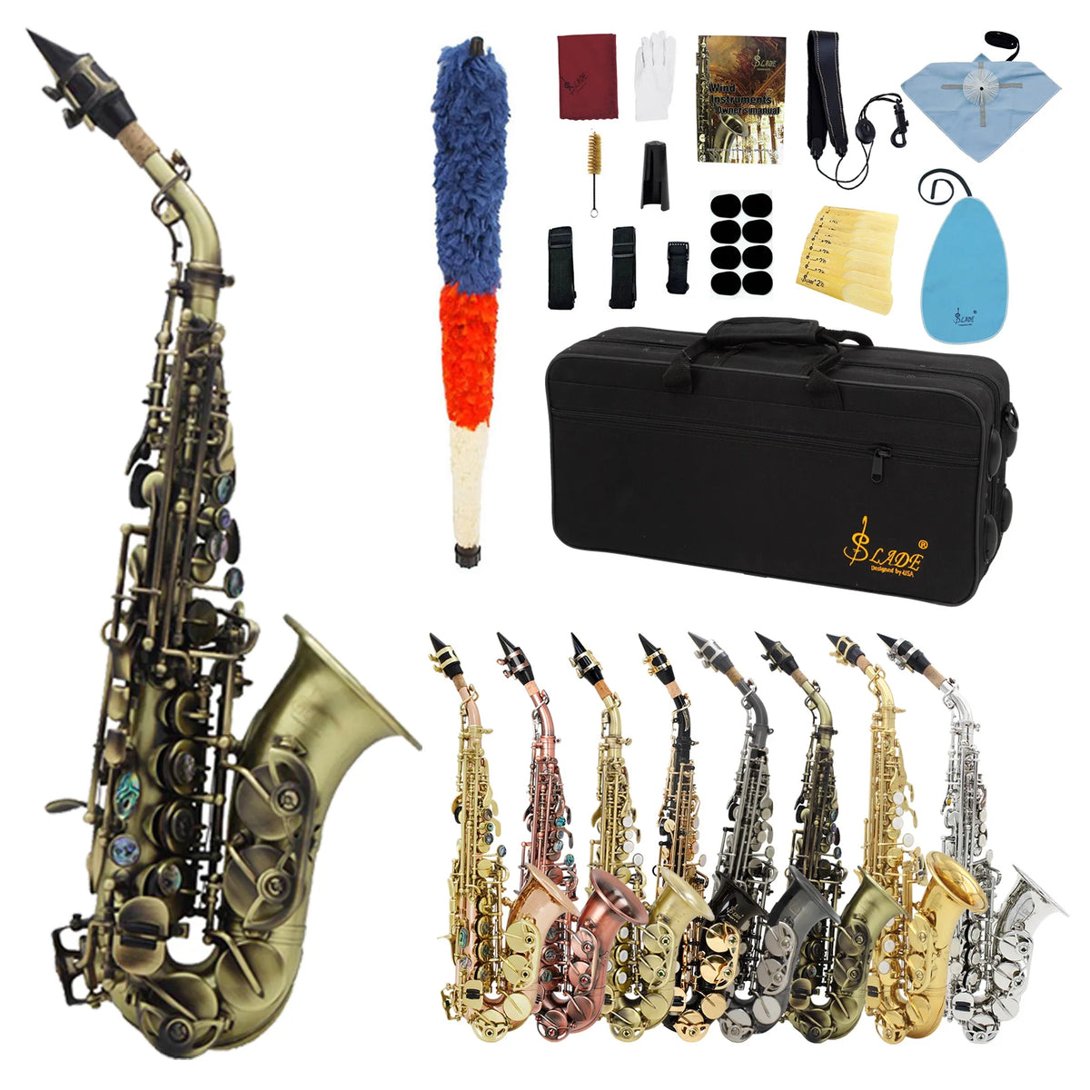 SLADE Soprano Saxophone Bb Flat Sax Brass Body Professional Woodwind Instrument with Case Reed Neck Strap Saxophone Accessories