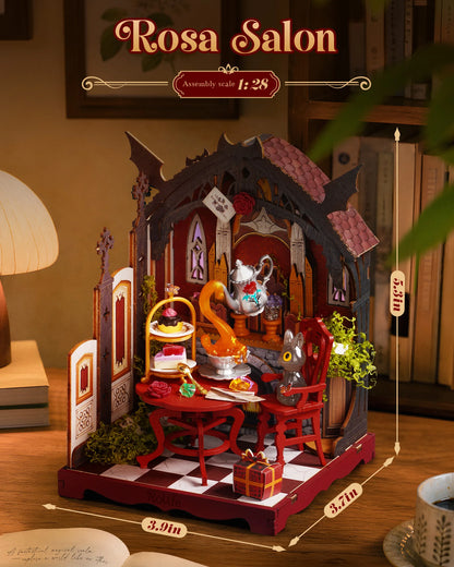 Rolife Tea Room DIY Miniature Dollhouse Kit Craft Gift 1:28 Gothic Rosa Salon Diorama Wooden Model Collectible Home Display