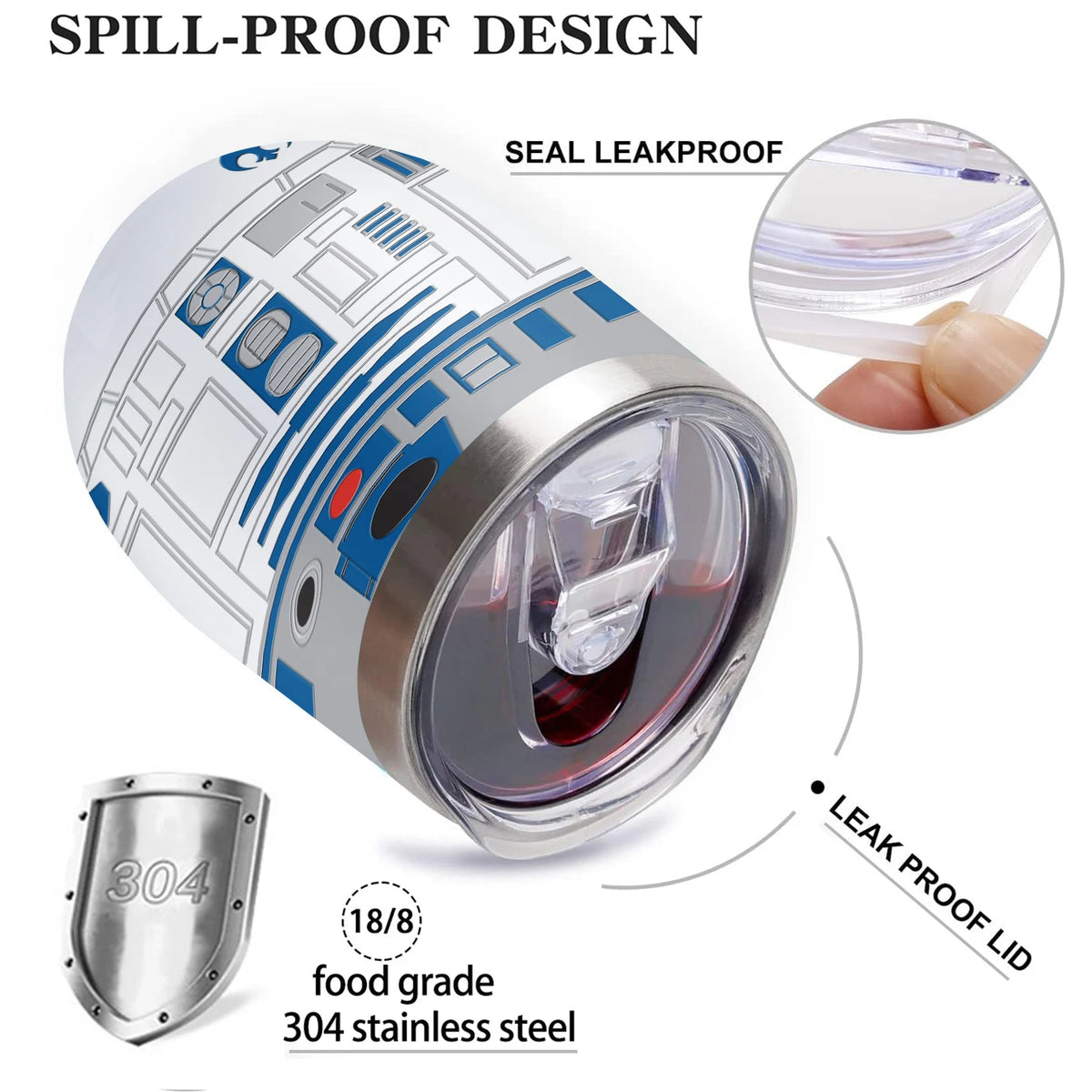 20Oz R2-D2 Robot print Vacuum Tumbler cup Stainless Steel Double wall Insulated water bottle with Lid keep Cold\ Hot drink gift