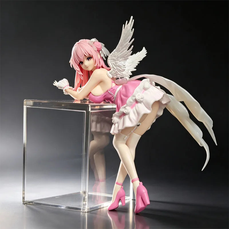 Anime Pink Hair Angel Girl Slump Pose Figure Pink Dress Wing Pvc Statue Desktop Computer Case Ornament Instant Noodle Press Toy