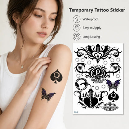 Black Spade Temporary Tattoo Sticker, Waterproof Poker Queen & Butterfly Body Art for Women, Gothic Fake Arm Tattoo