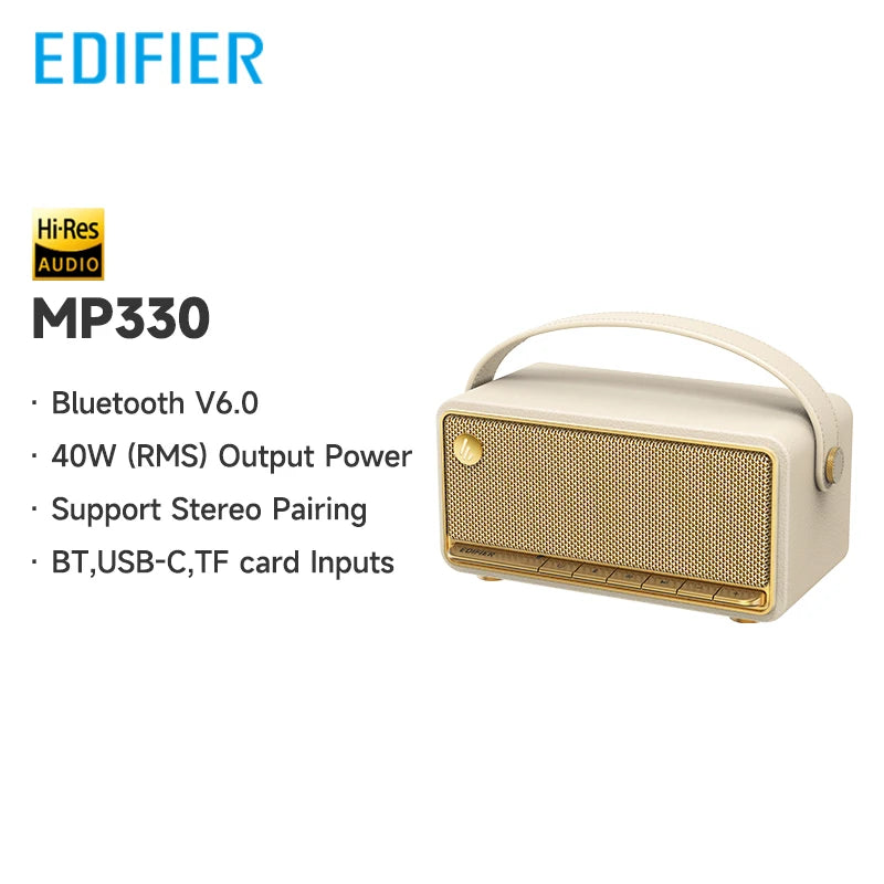 Edifier MP330 Portable Bluetooth Speaker Bluetooth V6.0 Hi-Res Audio USB-C TF Card Inputs Stereo Pairing 40W RMS 19H Playtime