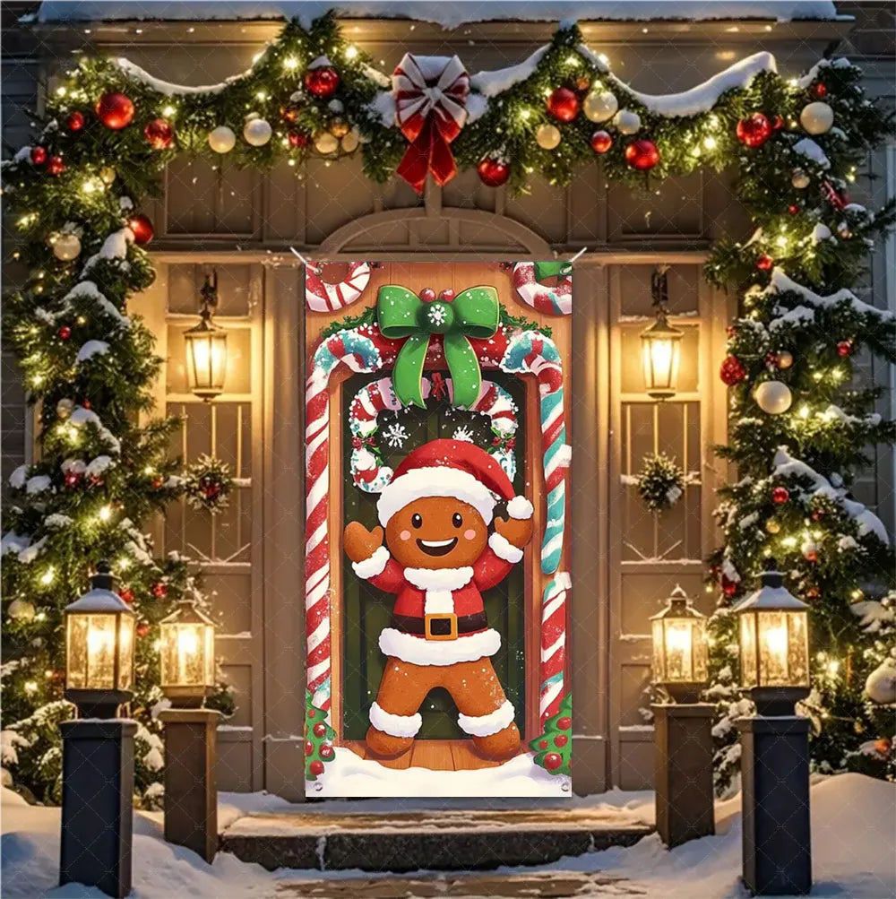 Christmas Theme Santa And Elk Backdrops Snowman Hanging Door Banner Indoor Outdoor Veranda Xmas Curtain Cover Festive Supplies