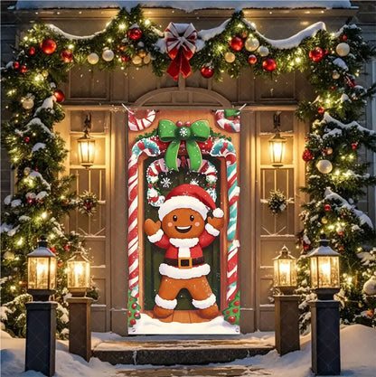 Christmas Theme Santa And Elk Backdrops Snowman Hanging Door Banner Indoor Outdoor Veranda Xmas Curtain Cover Festive Supplies