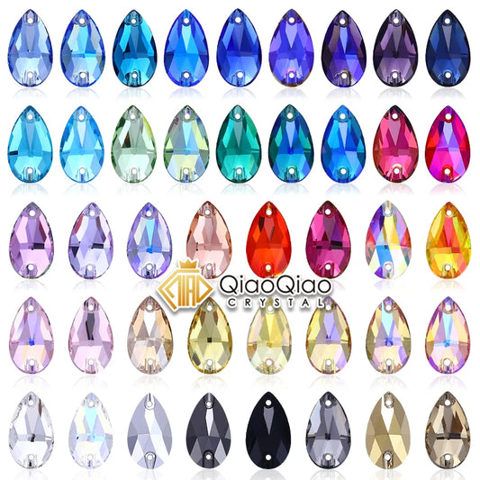 QIAO Top Quality Drop Sew On Rhinestone DIY Crystal Glass Stones 5Size Colorful Flatback Glass Gems, For Clothes Bags Accessorie