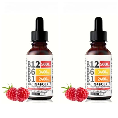Vitamin B12 Liquid Drops 60ml Raspberry Flavor with Vitamin B6+B1 Etc Multivitamin Support Energy Recovery & Brain,Heart Health