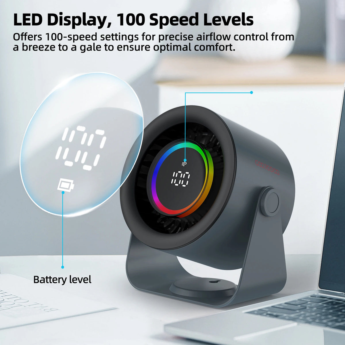 GOOJODOQ Desktop Fan 4000mAh Silent Adjustable Speed Air Circulation Fan 100 Speeds with Digital Display Wall Mountable