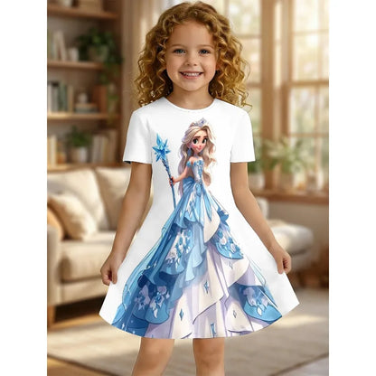 Girl Ice Princess Printed T-shirt Dress, Blue and White Fairy Tale Children's Party Casual Dress Suitable for Birthday Gifts