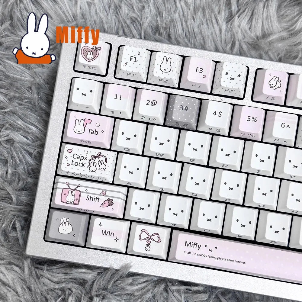 Kawaii Miffy Mechanical Keyboard Keycap Set Cute Rabbit Pastel Gray Pink PBT Dye-Sublimation Desk Accessory Office Girl Gift