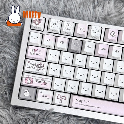 Kawaii Miffy Mechanical Keyboard Keycap Set Cute Rabbit Pastel Gray Pink PBT Dye-Sublimation Desk Accessory Office Girl Gift
