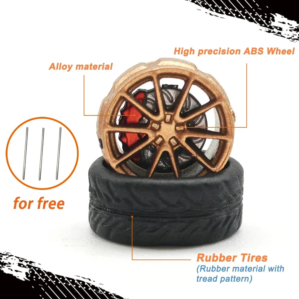 Kicarmod 1/64 Model Car ABS Wheels with Rubber Tire Brake Disc Refitting Parts Diameter 10mm For Model Car Tomica