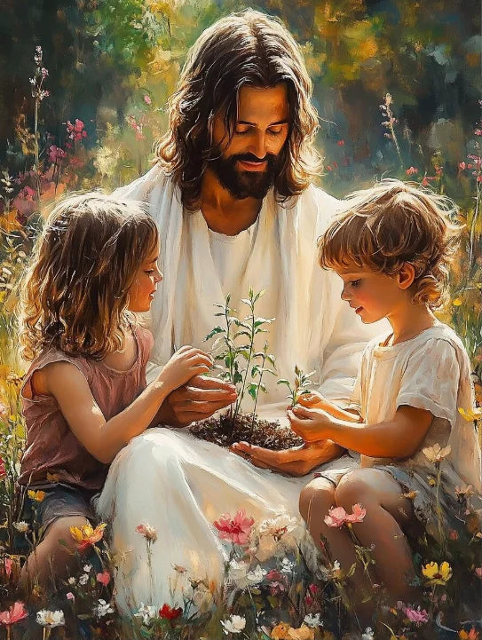 Graffiti Christian Jesus With Child Art Posters Christian Faith Jesus Walking In Flower Field Canvas Painting Bedroom Home Decor