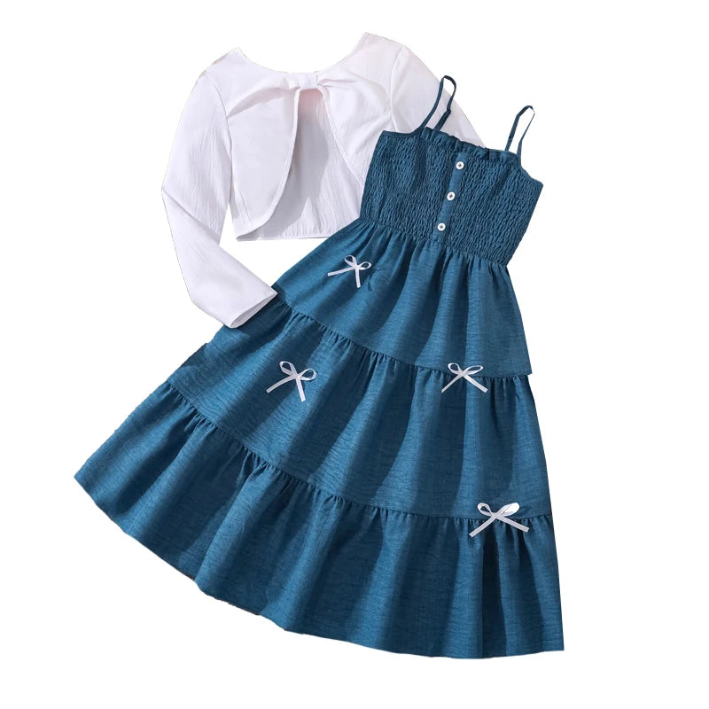 Kid Girl Long Sleeve Bow Design Coat & Beige All Print Shirred-Bodice Sling Dress Set Cute Sweet Elegant Princess Dress For Kids