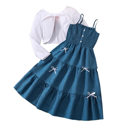 Kid Girl Long Sleeve Bow Design Coat & Beige All Print Shirred-Bodice Sling Dress Set Cute Sweet Elegant Princess Dress For Kids