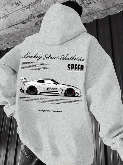 2026 New Arrival Sports Car Graphic Hoodie for Men White Street Racing Aesthetic Pullover with SPFRD Letter Print Streetwear