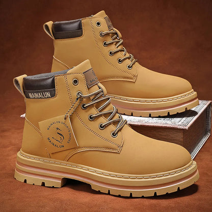 [Heavy-Duty Lace-Up Boots] 1-Pair High-Top Heavy-Duty Lace-Up Ankle Boots | All-Terrain PU/Fabric, Lugged PVC Sole | Al