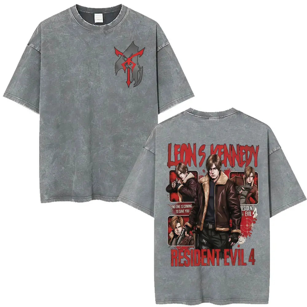 Limited Resident Evil Requiemm Anime T Shirt Men's Clothing Gothic Vintage Washed T Shirts Summer Tops O-Neck T-shirt Streetwear