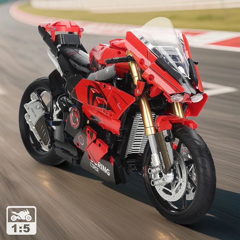 2000PCS Red V4 Motorcycle Building Blocks, 1:5 Scale Large Sports Racing Motorbike Model Kit, Collectible Toys for Teens & Adult