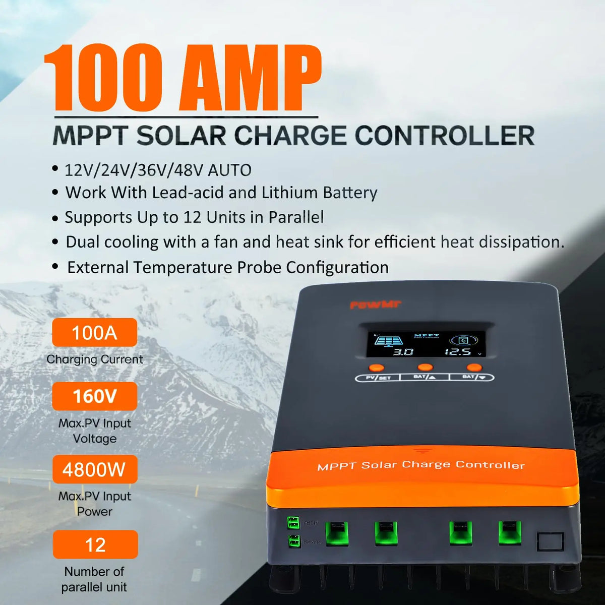PowMr 100A MPPT Solar Charge Controller Intelligent Regulator for 12V 24V 36V 48V Solar Battery Max 160V Panel Can Parallel 12pc