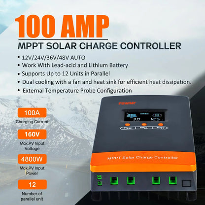 PowMr 100A MPPT Solar Charge Controller Intelligent Regulator for 12V 24V 36V 48V Solar Battery Max 160V Panel Can Parallel 12pc