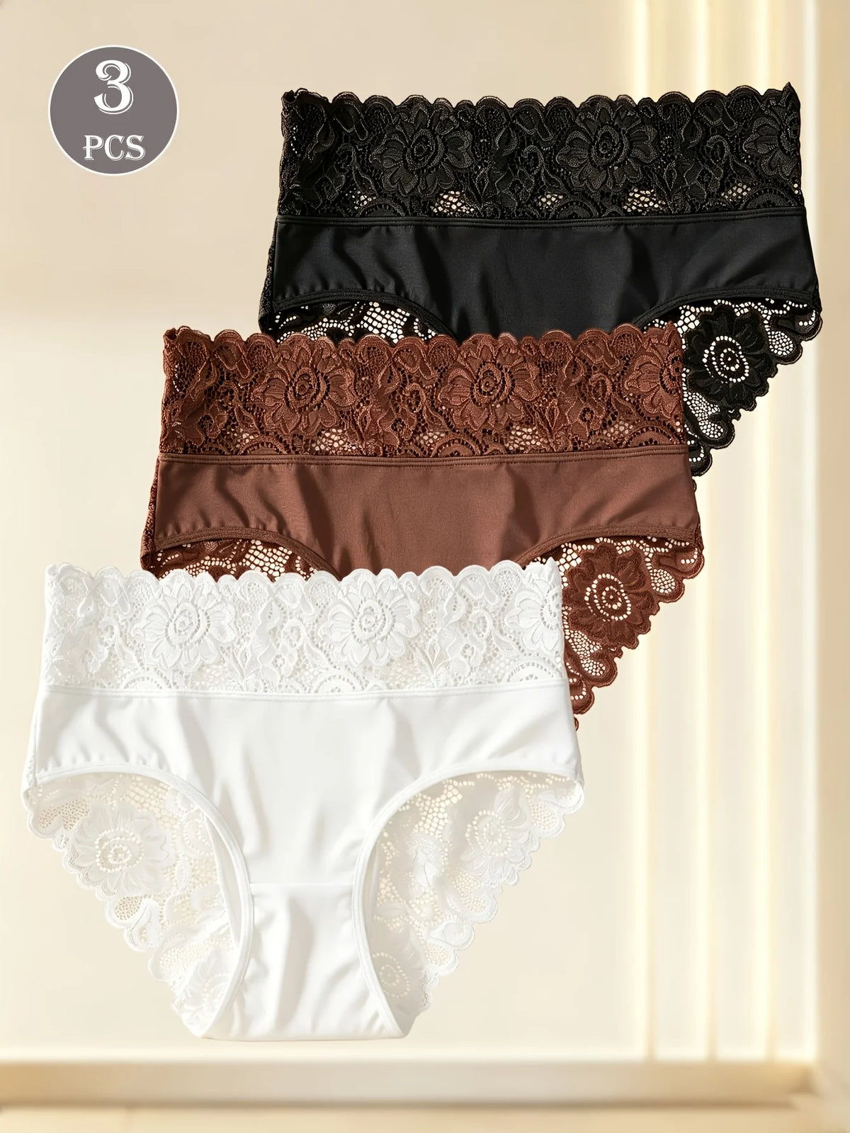 3pcs Women's High-Waist Briefs Lace Trim Soft Breathable Underwear, Solid Color Panties Suitable for All Seasons, Daily Wear