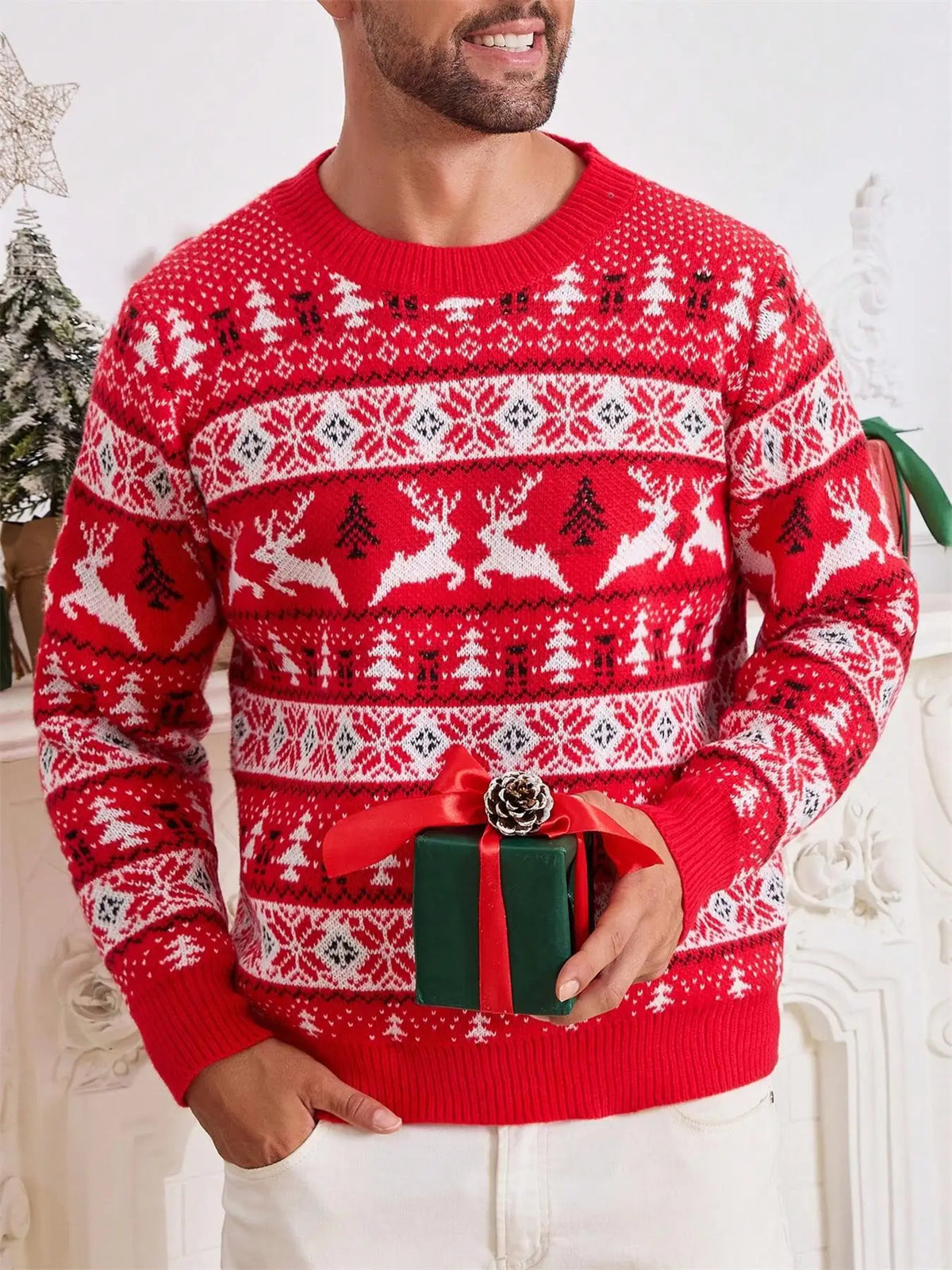 2025 Christmas Sweater Men Xmas Novelty Print Knitwear Funny Holiday Party Cosplay Pullover Jumper for Halloween Mens Clothes
