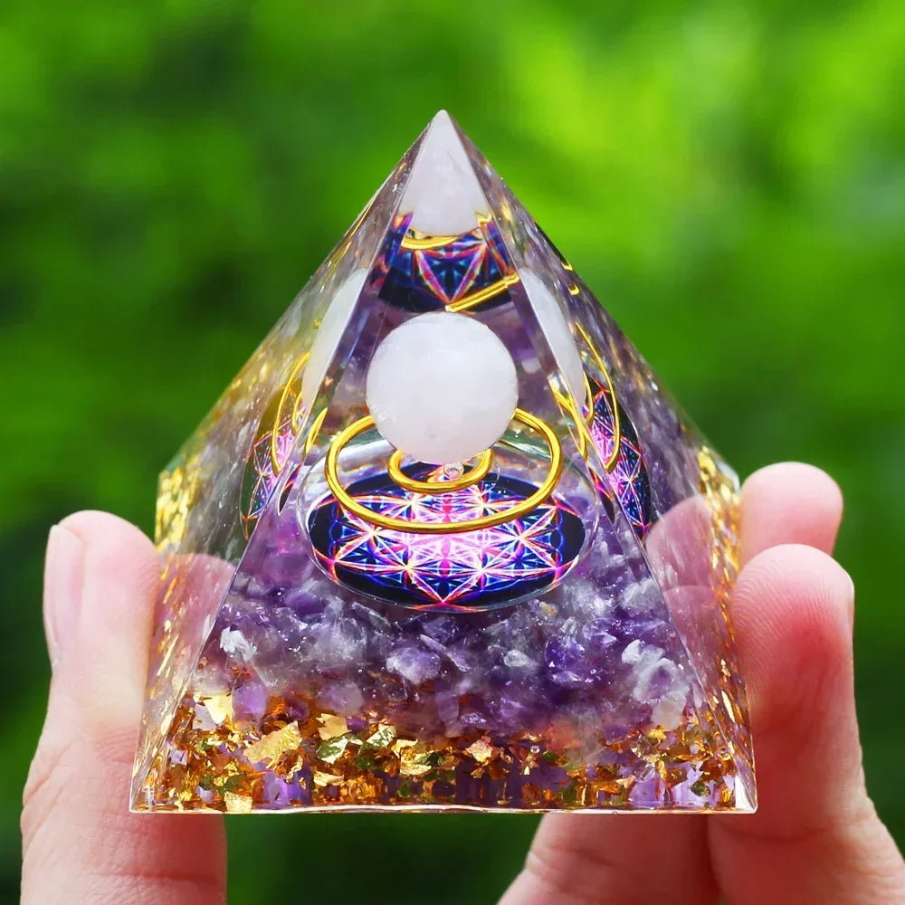 Energy Pyramid Orgonite Reiki Natural Amethyst Ball Healing Crystals Chakra Tool Ornaments Resin Stones Craft Kids Gift