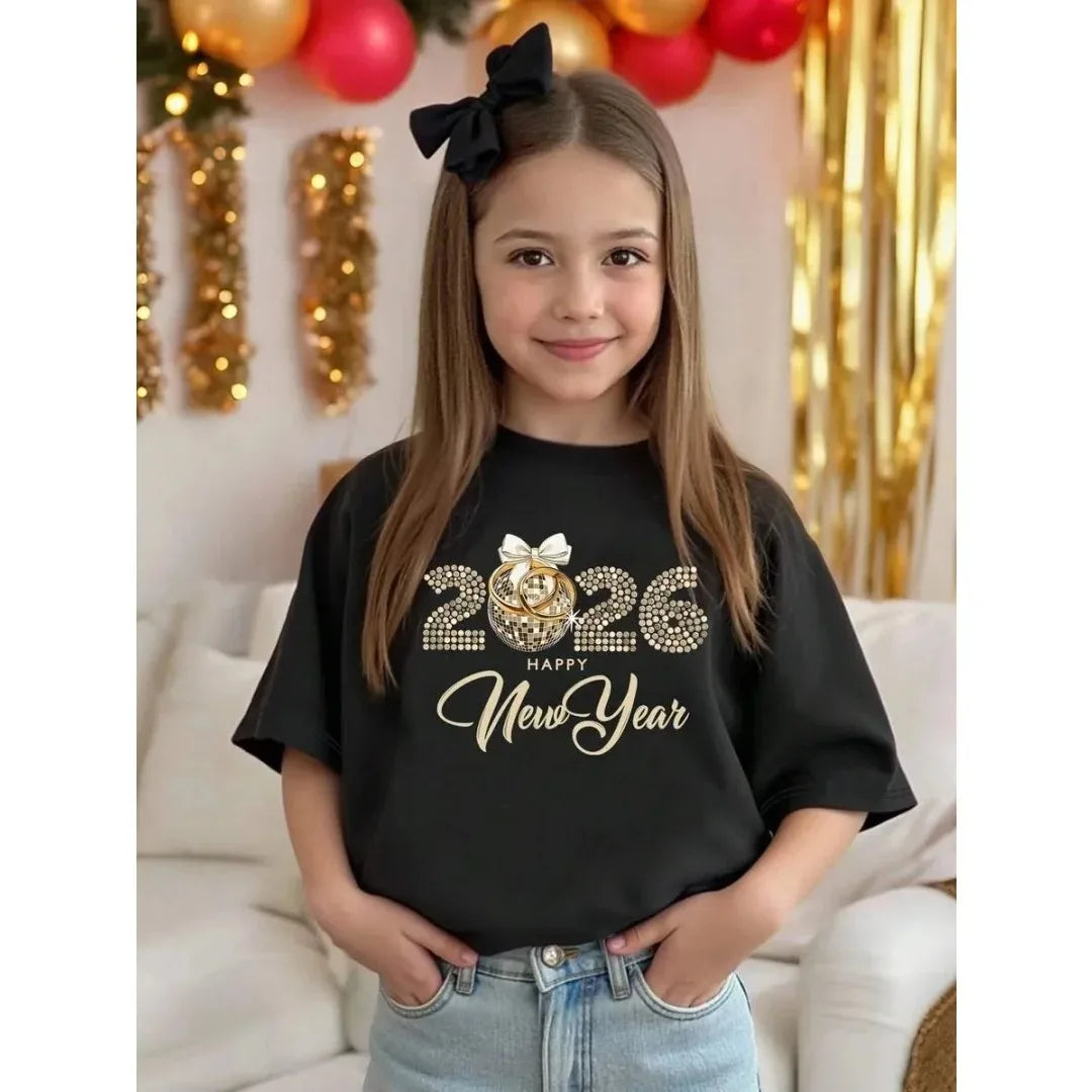 Children's 67 Christmas Elf Print Girls Short Sleeve Round Neck Tee Parties Casual Wear Comfort Children Clothes Girl Clothing