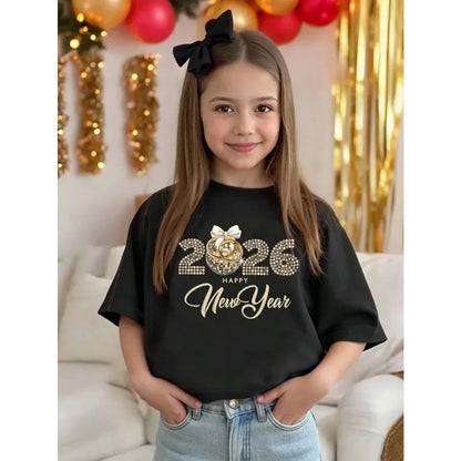 Children's 67 Christmas Elf Print Girls Short Sleeve Round Neck Tee Parties Casual Wear Comfort Children Clothes Girl Clothing