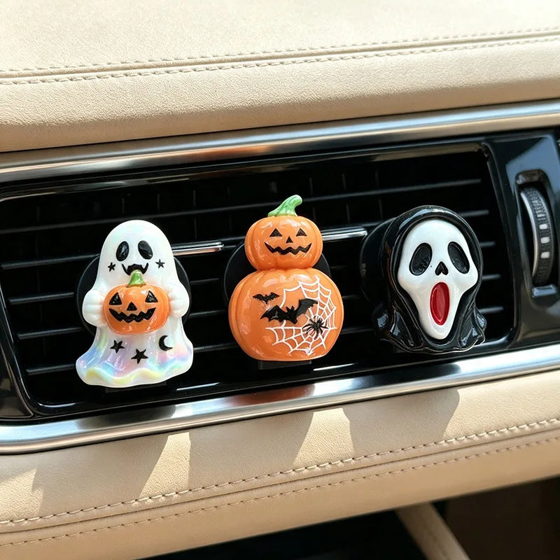 Three-piece Set Car Air Vent Fragrance Ornaments, Halloween Pumpkin Ghost Car Air Freshener Vent Clip, Horror Face Auto Interior