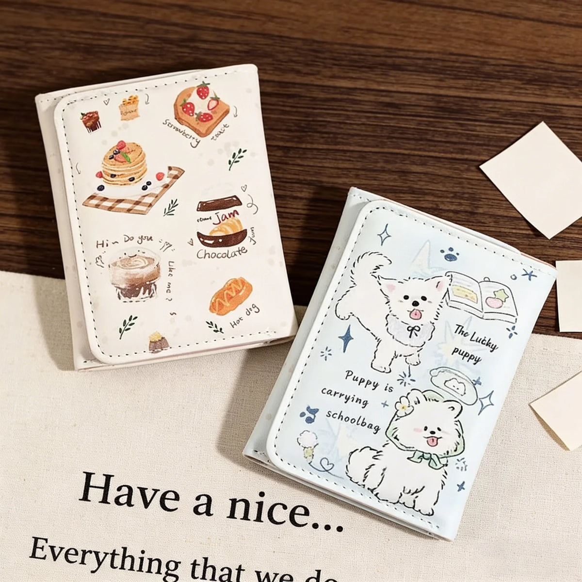 BUYLEMO Cartoon Illustration Snap Button Short Wallet, Kawaii PU Leather Multi-Card Slot Card Holder