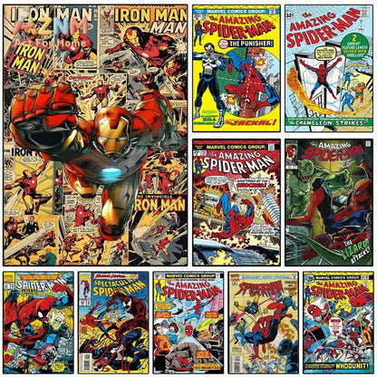 Superhero Iron Man Spider‑Man Vintage Comic Collage Canvas Wall Art Print Poster Unframed Canvas Painting Home Living Room Bed