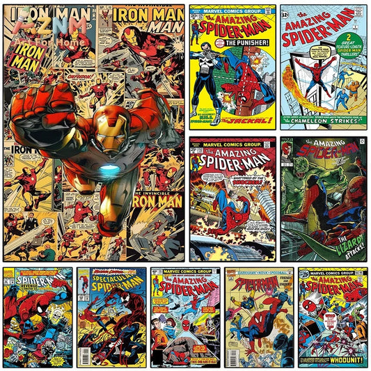Superhero Iron Man Spider‑Man Vintage Comic Collage Canvas Wall Art Print Poster Unframed Canvas Painting Home Living Room Bed