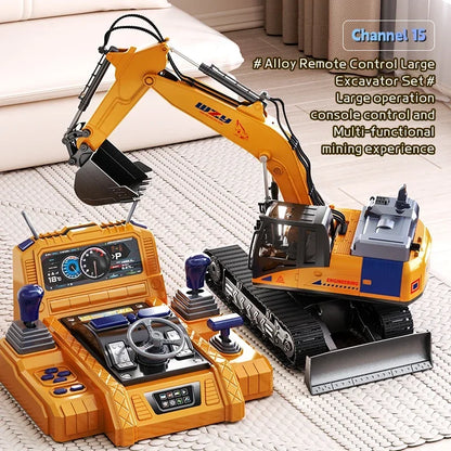 Large Alloy RC Excavator Remote Control Construction Vehicle with Operation Console, LED Light, 680° Rotation, Digger Truck Toy