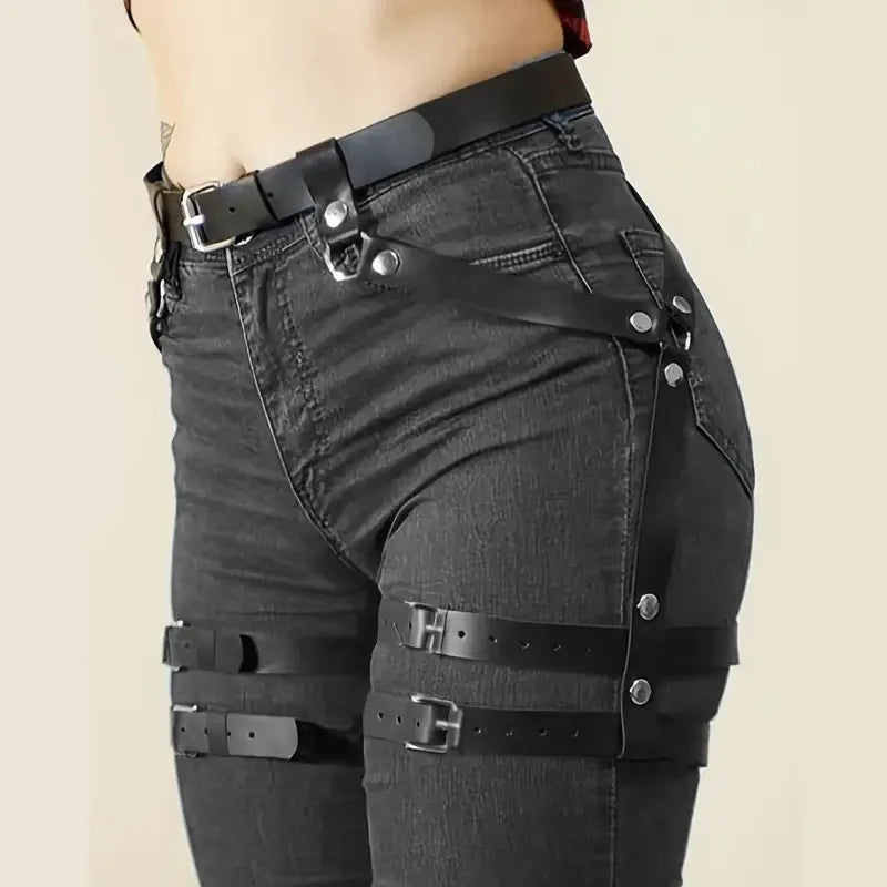 Women's Adjustable PU Leather Garter Belt, Sexy Gothic Punk Thigh Harness Strap, Gothic Lingerie Accessory for Rave Costume