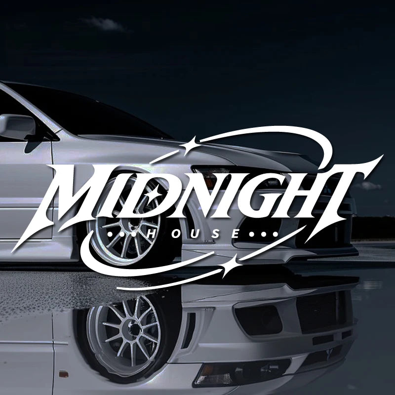 High quality waterproof JDM car decal featuring MIDNIGHT HOUSE logo on a stylish car.