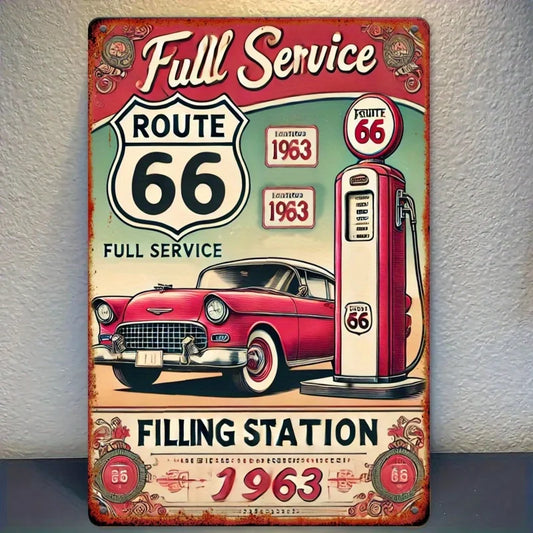 [ Route 66 Sign] Route 66 Metal Sign - " Retro Gas Station Decor with Classic Red Car & "FULL SERVICE" Design | Wall-Mounted Iro