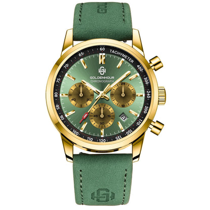 Men's Luxury Watch GOLDENHOUR Green Chronograph Quartz Leather Waterproof Luminous Military Sport Wristwatch Relogio Masculino