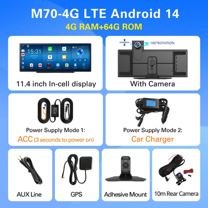 Imagebon M70 11.4" 4G Android 14 8+128G Dashcam 8 Core Wireless CarPlay & Android Auto Split Screen Remote Monitoring Car DVR