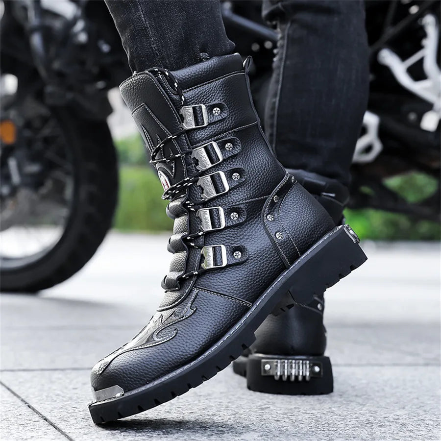 High Quality Men's Boots Fashion Punk Rock Style Motorcycle Boots Luxury Mid-Calf Leather Boot Mens Knight Boots Botas Masculino