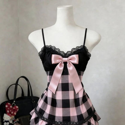 Summer Japanese Kawaii Sweet Mini Dress Women Plaid Strapless Lace Trim Elegant Sexy Dress Female Korean Chic Popular Clothes