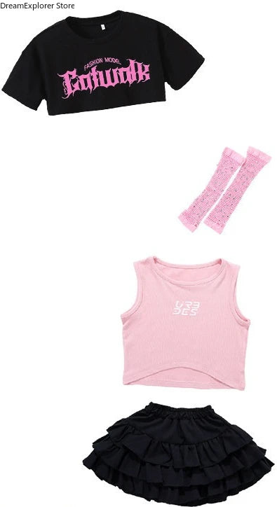 Girls K-pop Crop Top Street Dance Tiered Skirt Cargo Pants Children Costume Kids Hip Hop Streetwear Jazz Girl Group Clothes Sets