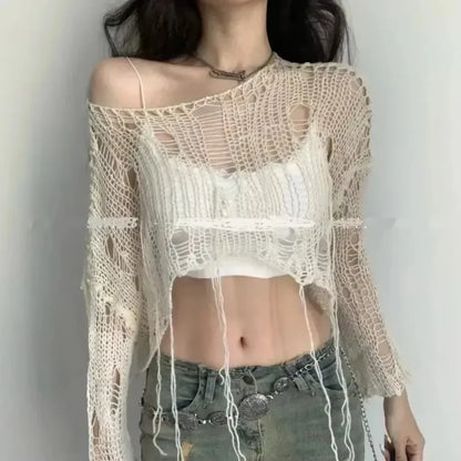 Solid Slash Neck Grunge Knitted Women's Sweater Hole Ripped Pullover Crop Top Harajuku Hollow Out Sexy Summer Jumpers All Match