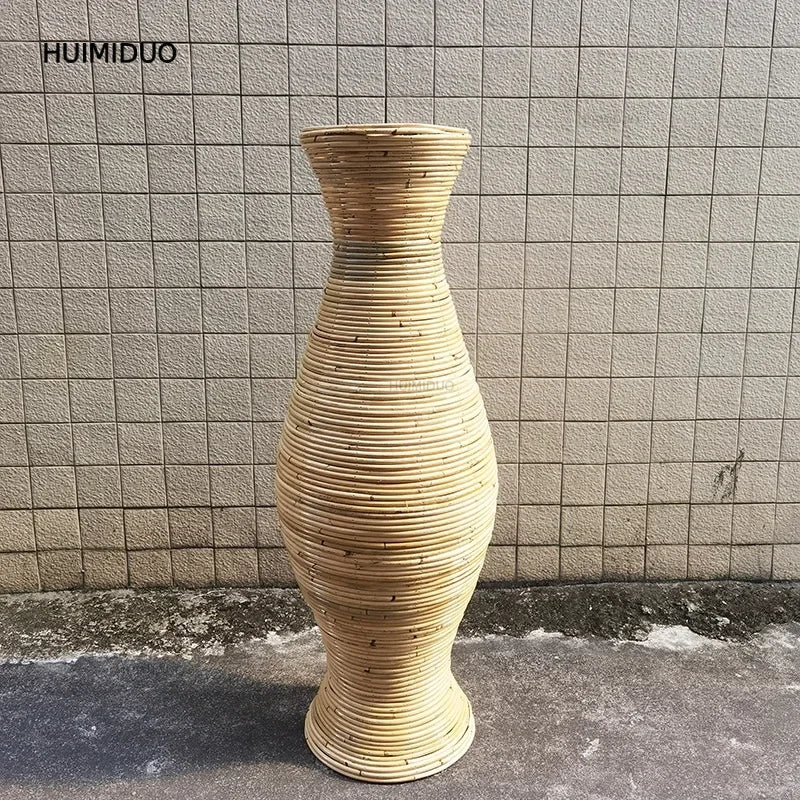 Large Natural Woven Rattan Floor Vase Bohemian Style Eco-Friendly Living Room Centerpiece Standing Planter for Home Decor