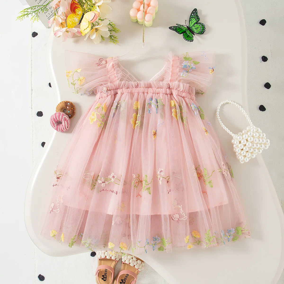 Baby Girl Dress Summer Mesh Cherry Girl Dress Cute Back Wings Wedding Flower Girl Dress Baby Girl Clothing