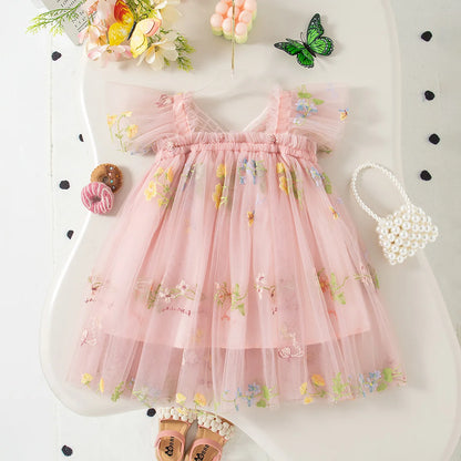 Baby Girl Dress Summer Mesh Cherry Girl Dress Cute Back Wings Wedding Flower Girl Dress Baby Girl Clothing
