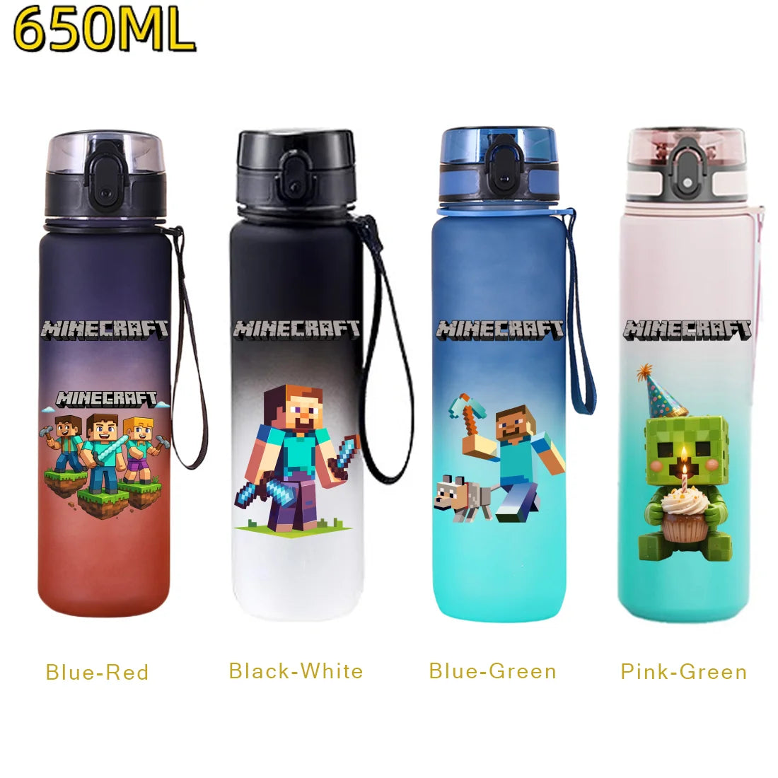 650ML Minecraft Sports Water Bottle LeakProof Plastic Cup Fitness Outdoor Shaker Drink Bottle Travel Office Jugs Birthday Gifts