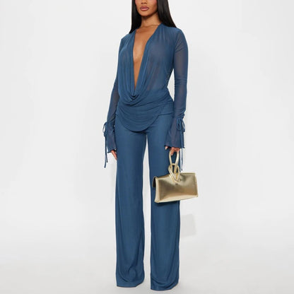 Ladies Fashion Sexy Mesh Chiffon Solid V Neck Blouse & Pant Sets Women Long Sleeve Casual Pants Elegant 2 Pieces Set Summer