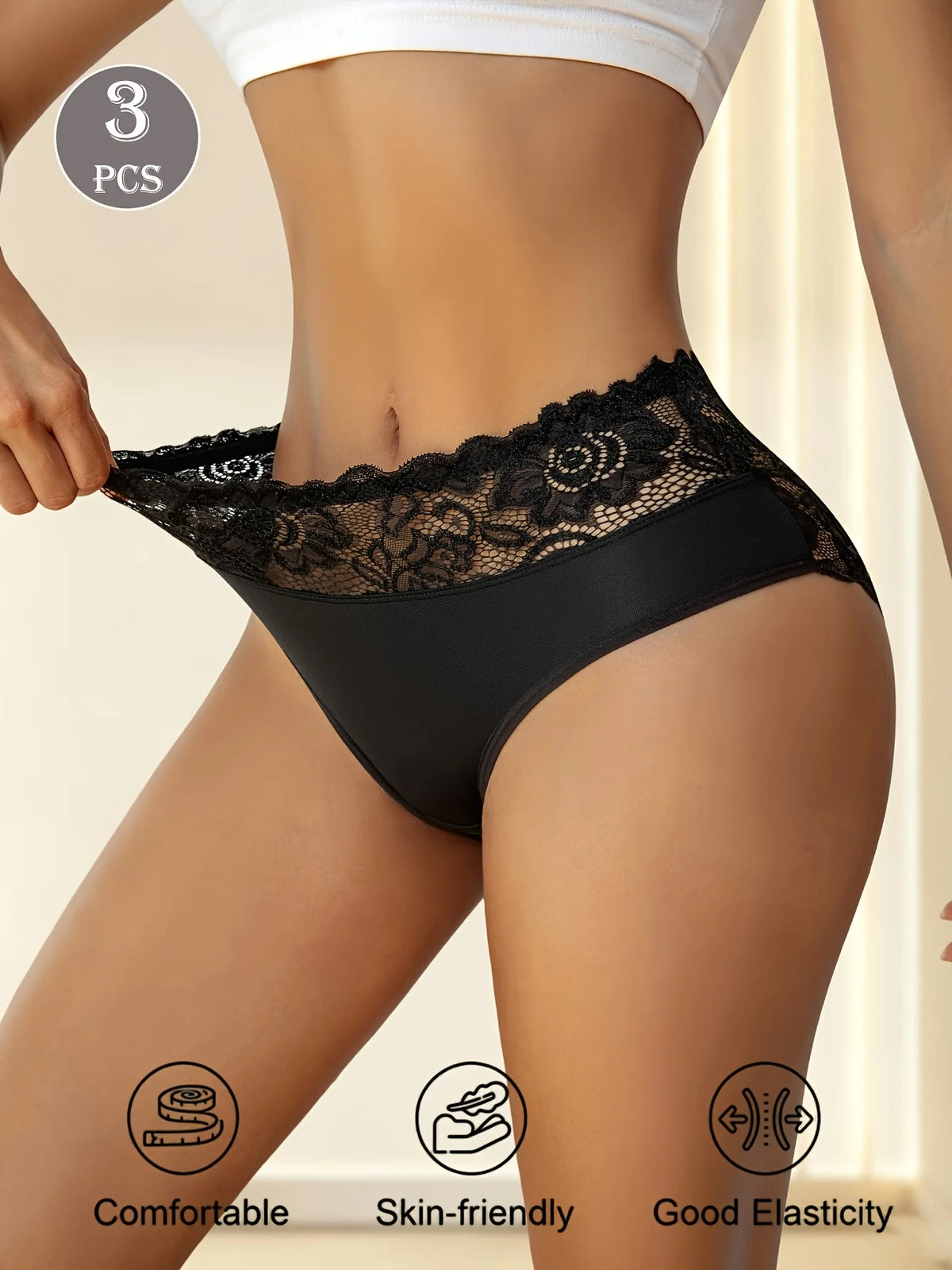 3pcs Women's High-Waist Briefs Lace Trim Soft Breathable Underwear, Solid Color Panties Suitable for All Seasons, Daily Wear
